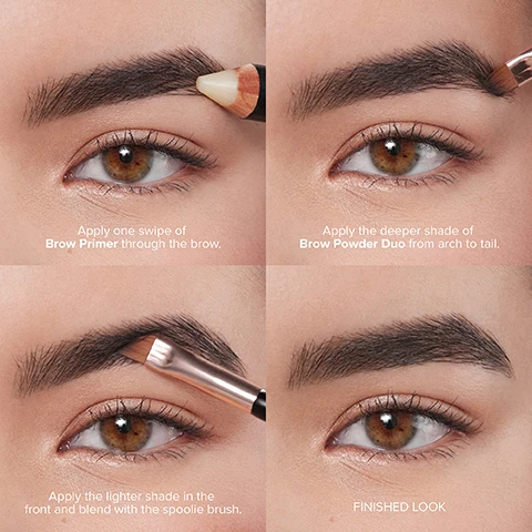 Image 3 - A four-panel image demonstrates a brown eyebrow makeup tutorial, showing steps for applying primer, then deeper brow powder to the arch and tail, followed by lighter powder to the front, and finally the completed, defined brow; visible text on the panels reads: Apply one swipe of Brow Primer through the brow. Apply the deeper shade of Brow Powder Duo from arch to tail. Apply the lighter shade in the front and blend with the spoolie brush. FINISHED LOOK. Image 4 - A womans face is split vertically by a dotted line to show a before and after comparison, with the left side displaying her natural brows and lips, and the right side featuring fuller, sculpted brows and glossy, enhanced lips. BEFORE AFTER Image 5 - A three-panel image compares before and after views of different peoples eyes, each showing natural eyelashes on the left labeled BEFORE and enhanced, voluminous eyelashes on the right labeled AFTER. Image 6 - A collection of black makeup compacts, some open to reveal mirrors and various shades of brown brow powder, is displayed on a light background, with accompanying text that reads: TWO SHADES FOR A NATURAL, OMBRE EFFECT + CUSTOM COLOR; FULL-PIGMENT, FINELY-MILLED FORMULA FOR BUILDABLE INTENSITY; SMOOTH, VELVETY-TEXTURE SEAMLESSLY APPLIES + BLENDS. Image 7 - A black compact with an open lid displays two shades of brow powder, light and dark brown, on a textured tan surface with scattered powder, alongside a spoolie brush and an angled brush labeled Anastasia Beverly Hills 7B, with overlaid text reading Pair with Brush 7B to fill, define + detail brows with precision. Image 8 - A close-up of a person applying a brow brush to their left eyebrow, with glossy pink lips and a small earring visible, with the text ANASTASIA TIP Pair with Brow Freeze® styling wax to create hair-like strokes. Image 9 - A smiling woman holds an open compact of two-toned brow powder, with the text MODEL WEARS | MEDIUM BROWN visible at the bottom left.