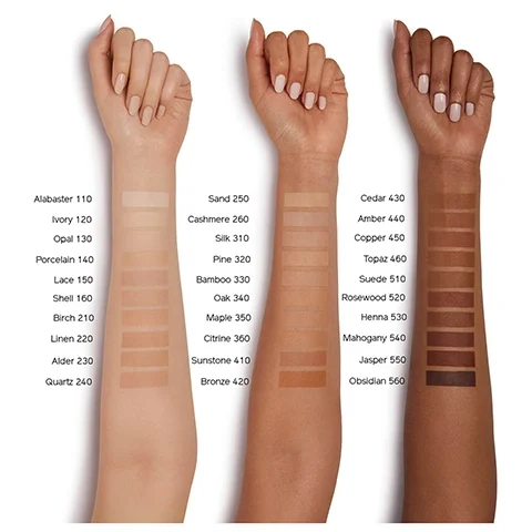 Alabaster 110, Ivory 120, Opal 130, Porcelain 140, Lace 150, Shell 160, Birch 210, Linen 220, Alder 230, Quartz 240, Sand 250, Cashmere 260, Silk 310, Pine 320, Bamboo 330, Oak 340, Maple 350, Citrine 360, Sunstone 410, Bronze 420, Cedar 430, Amber 440, Copper 450, Topaz 460, Suede 510, Rosewood 520, Henna 530, Mahogany 540, Jasper 550, Obsidian 560.