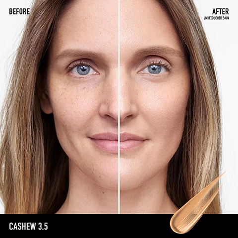 Image 1 - A close-up of a womans face split in two, showing the left side labeled BEFORE with visible freckles and texture, and the right side labeled AFTER UNTOUCHED SKIN appearing smoother and more even-toned, with a color brush stroke labeled CASHEW 3.5 at the bottom.
Image 2 - Four arms of different skin tones display a range of makeup shades with corresponding names and numbers listed beside each shade; the shades include Opal 01, Vanilla 02, Birch 1.5, Buttercream 03, Natural Pecan 05, Suede 04, Ginger 06, Wheat 4.5, Bamboo 5.5, Dune 7.5, Tan Amber 07, Desert 6.5, Spice 08, Terra 8.5, Mahogany 11.5, Cedar 11, Cinnamon 10.5, Sienna 10, and Chestnut 09.
Image 3 - An image of a tube of bareMinerals Complexion Rescue tinted moisturizer, with a creamy swatch beside it, includes the text Clinically Proven, boosts skins hydration by 215% in just 1 week, provides 24-hour hydration, and 100% of people saw improvement in their skin texture in just 1 week.
Image 4 - Image features three panels: the first shows a clear droplet with bubbles, labeled helps replenish and boost skins moisture, Hyaluronic Acid; the second displays a branch with green olives, labeled quenches skin with all-day hydration, Olive-derived Squalane; the third presents a blue mineral, labeled helps protect from damaging UVA and UVB rays, Mineral-based Sunscreen.
Image 5 - Image shows two tubes of tinted moisturizer from bareMinerals, one in a beige tube labeled Complexion Rescue with a natural radiant finish, boosts hydration, has mineral-based SPF 30, and is best for combination and dry skin, and the other in a black tube labeled Complexion Rescue Natural Matte with a natural matte finish, controls oil, also has mineral-based SPF 30, and is best for combination and oily skin.
Image 6 - Image showing a grid of 12 faces representing different shades of a tinted moisturizer with hyaluronic acid and mineral SPF 30, categorized by undertones: cool, neutral, and warm, along with text describing each shade and undertone.