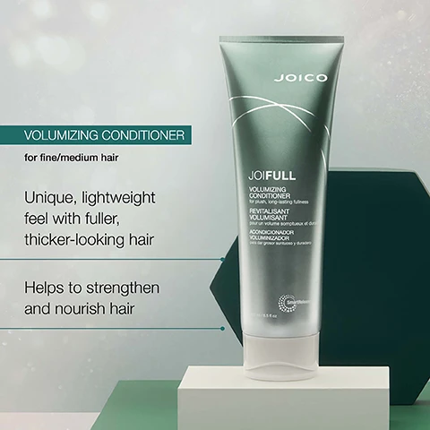 Image 3 - A tube of Joico JoiFULL Volumizing Conditioner stands next to text that reads VOLUMIZING CONDITIONER for fine/medium hair Unique lightweight feel with fuller thicker-looking hair Helps to strengthen and nourish hair JOICO JOIFULL VOLUMIZING CONDITIONER for plush long-lasting fullness REVITALISANT VOLUMISANT pour un volume somptueux et durat ACONDICIONADOR VOLUMINIZADOR para dar grosor suntuoso y duradero SmartRelease 250 ml / 8.5 fl oz. Image 4 - A tube of Joico JoiFull Volumizing Conditioner is shown with piles of bamboo extract powder, rice protein, and a lotus flower petal and text that reads JOICO JOIFULL VOLUMIZING CONDITIONER for plush, long-lasting fullness REVITALISANT VOLUMISANT pour un volume somptueux et durable ACONDICIONADOR VOLUMINIZADOR para dar grosor suntuoso y duradero SmartRelease logo 250 ml / 8.5 fl oz Bamboo extract: Helps build volume and promotes thicker, stronger, shinier strands. Rice protein: Helps strengthen and thicken hair, providing a fuller feel + visible lift to fine hair. Lotus flower: Helps improve elasticity and the healthy appearance of hair. Image 5 - Image shows a Joico Joifull routine with three hair products: shampoo, conditioner, and styler, with the text JOIFULL ROUTINE JOICO JOIFULL VOLUMIZING SHAMPOO for plush, long-lasting fullness SHAMPOOING VOLUMISANT pour un volume somptueux et durable CHAMPÚ VOLUMINIZADOR para dar grosor suntuoso y duradero 300 ml / 10.1 fl oz SmartRelease STEP 1: SHAMPOO JOICO JOIFULL VOLUMIZING CONDITIONER for plush, long-lasting fullness REVITALISANT VOLUMISANT pour un volume somptueux et durable ACONDICIONADOR VOLUMINIZADOR para dar grosor suntuoso y duradero 250 ml / 8.5 fl oz SmartRelease STEP 2: CONDITION JOICO JOIFULL VOLUMIZING STYLER for plush, long-lasting fullness & lift STYLISANT VOLUMISANT pour un volume et un soulèvement somptueux et durables VOLUMINIZADOR para dar grosor suntuoso, duradero y elevar 100 ml / 3.38 fl oz SmartRelease STEP 3: STYLE.