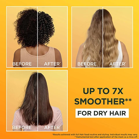 Image 1 - Four panels show before and after results of a hair treatment on curly, wavy, and straight hair, along with text that reads BEFORE, AFTER, UP TO 7X SMOOTHER** FOR DRY HAIR, *Results achieved with full Hair food routine and styling. Individual results may vary. **Instrumental test after application of the mask as a rinse off. Image 2 - A bottle of Garnier Ultimate Blends Banana Hair Food Nourishing Conditioner is shown on an orange background with the text NOURISHING BANANA HAIR FOOD CONDITIONER FOR DRY HAIR UP TO 7X SMOOTHER* 97% NATURAL ORIGIN *instrumental test. Banana hair food shampoo + conditioner vs classic shampoo on bleached hair. Image 3 - A white bottle labelled Garnier Fructis 350ML Natural is tilted with its orange cap open above a dollop of white cream on a yellow background, and the text reads NO SILICONE FOR A NATURAL FEEL. Image 4 - Image shows Garnier Ultimate Blends Banana Hair Food shampoo conditioner and mask with the text DRY HAIR? DEEPLY NOURISH YOUR HAIR WITH BANANA HAIR FOOD. 1. SHAMPOO CLEANSE WITHOUT STRIPPING. 2. CONDITIONER DETANGLE WITHOUT WEIGH DOWN. 3. MASK DEEPLY NOURISH. Image 5 - A light green background with text and a logo showing YES VEGAN LEAPING BUNNY APPROVED BY YES CRUELTY FREE INTERNATIONAL YES RECYCLABLE NO SILICONE Approved by Cruelty Free International under the Leaping Bunny Programme. Image 6 - Person holding a stuffed bunny with a circular Cruelty Free logo overlaid displaying APPROVED BY Cruelty Free INTERNATIONAL UNDER THE LEAPING BUNNY PROGRAMME.