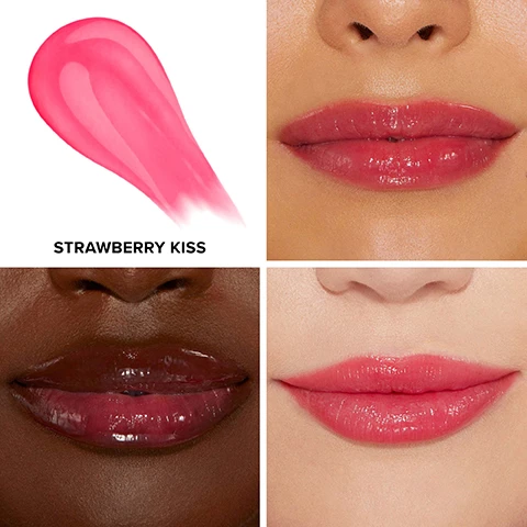 Image 1 - A pink lip product swatch is shown above the lips of three individuals with different skin tones, each wearing a glossy lip color, and the text STRAWBERRY KISS is displayed below the swatch.
Image 2 - Image shows a lip plumper product with a gold cap alongside statistics: 93% said lips look fuller and more plump, 97% said it delivers instant results, and 97% said lips feel moisturized, with a note about a consumer study conducted in December 2015.
Image 3 - A close-up image of a models lips, showing the left side with a natural look labeled BEFORE and the right side with a glossy, pink shade labeled AFTER, with additional text stating MODEL IS WEARING SHADE STRAWBERRY KISS.
Image 4 - Image shows a close-up of lips split into two sections, with the left side labeled BEFORE displaying natural, lightly tinted lips and the right side labeled AFTER showing the same lips with a glossy, vibrant red shade. Visible text includes MODEL IS WEARING SHADE STRAWBERRY KISS.
Image 5 - Image shows a close-up view of a models lips divided into two sides labeled BEFORE and AFTER, with the left side displaying lips with no color and the right side showcasing glossy, colored lips, with visible text stating MODEL IS WEARING SHADE STRAWBERRY KISS.
Image 6 - An image showcasing a range of lip products labeled as Level Up PLUMP, featuring five categories: Level 1 - Lip Injection Extreme Lip Plumper, Level 2 - Lip Injection Extreme Plumping Clicks, Level 3 - Lip Injection Maximum Plump, a Bonus Plump Effect section for Lip Injection Extreme Lip Shaper, and a Bonus Color Effect section displaying Lip Injection Lip Gloss and Lip Injection Liquid Lipstick, with brief descriptions of each products features beneath the titles.