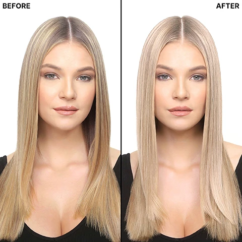 Image 1 - A split image shows a woman with long blonde hair, with the left side depicting her hair as a warmer blonde and the right side showing it as a cooler, brighter blonde, accompanied by the text BEFORE and AFTER. Image 2 - A white spray bottle labeled WOW COLOR WOW DREAM FILTER FOR PICTURE-PERFECT COLOR, pre-shampoo mineral remover filters out color-destroying minerals unveils brighter color 50ml e 1.7 FL OZ, is displayed on a light blue background, surrounded by six circular icons describing its benefits: Fastest ever hair detox, Lightens, brightens, silkens in 3 minutes, No heat, no cap required, Removes chlorine green, No dyes or peroxides, and Prevents colour fade.
