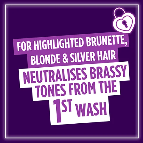 A purple graphic with white text that states for highlighted brunette, blonde & silver hair, neutralises brassy tones from the 1st wash.