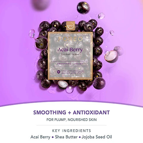 image 1, smoothing and antioxidant for plump, nourished skin. key ingredients - acai berry, shea butter and jojoba seed oil. image 2, ideal for dryness and loss of elasticity. fine lines and wrinkles. dull, fatigued skin. image 3, nutrient rich formulas, plant based ingredients. for all skin types. dermatologist tested. vegan. image 4, hydrocell material - natural seaweed and cotton cellulose. biodegradable and eco friendly - 100% plant fibers that naturally decompose. highly absorbent - supersaturated to deliver maximum essence to skin. extra gentle - feels a gel like cushion that effortlessly glides across skin. image 5, deeply nourish, depuff and brighten, minimize fine lines in just one week. based on a 28 day clinical testing on 32 female subjects aged 18-35. image 6, clinical results. 126% of consumers reported higher skin moisture levels in just 2 minutes. more effective than a sheet mask alone in just 2 minutes. based on 28 day clinical testing on 24 female subjects aged 18-35