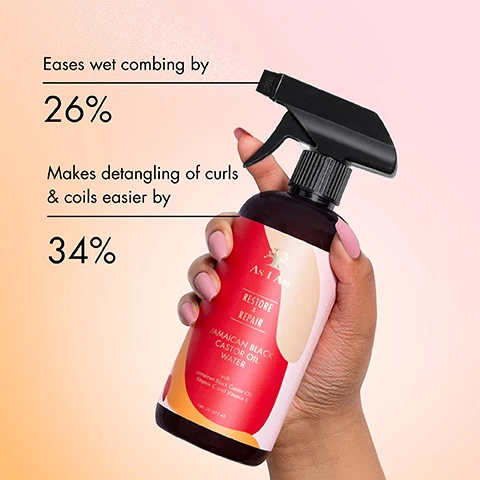 Image 1 - A hand holding a spray bottle labeled As I Am Restore & Repair Jamaican Black Castor Oil Water with text stating Eases wet combing by 26% and Makes detangling of curls & coils easier by 34%.
Image 2 - A spray bottle labeled As I Am Restore & Repair Jamaican Black Castor Oil Water on a pink background, highlighting benefits with text stating it improves moisture by 20%, tensile strength by 7%, and reduces breakage by 95%.