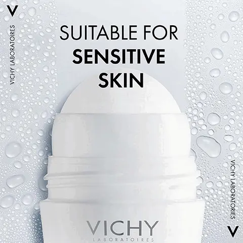 Image 1 - A white skincare stick with water droplets in the background and the text suitable for sensitive skin and VICHY LABORATOIRES.
Image 2 - A woman with brown hair holds her arm above her head, looking directly at the camera, with the text Excessive Sweating? No One Is Gonna Know displayed beside her.
Image 3 - A woman with long brown hair is gently touching her arm while wearing a black top, accompanied by the text LET SKIN BREATHE in teal.
Image 4 - Image shows a promotional display of four Vichy deodorants with various colored caps and a light blue glowing line in the background, accompanied by the text PROTECT YOUR SKIN WITH EFFICACY & TOLERANCE HYPoallergenic deodorants TESTED ON SENSITIVE SKINS.