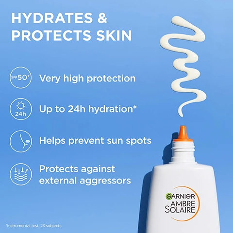 Image 1 - A white wavy line of lotion appears above the top of a bottle on a blue background with text reading HYDRATES & PROTECTS SKIN SPF 50+ Very high protection Up to 24h hydration* Helps prevent sun spots Protects against external aggressors *Instrumental test, 23 subjects and the Garnier Ambre Solaire logo on the bottle. Image 2 - Close-up of clear blue spheres inside a larger translucent blue sphere on a white wavy background with text Key Ingredients Hyaluronic Acid Glycerin Vitamin E. Image 3 - Close-up of a person applying white cream to their cheek, with text HOW TO USE, STEP 1 Apply generously on skin, STEP 2 Reapply throughout the day. Image 4 - A tube squeezing a wavy stream of white lotion on a blue background next to text listing benefits: Lightweight & Invisible Formula Non-greasy No white marks Suitable for use under make up Invisible finish. Image 5 - A woman holds a bottle of Garnier Ambre Solaire Super UV Hydrating Fluid SPF 50, with text overlay reading UP TO 24H HYDRATION*. Intense hydration. Sunspot prevention. Protects against photo aging signs. Garnier Ambre Solaire super uv HYALURONIC ACID HYDRATING FLUID VERY HIGH PROTECTION 50+ UVA UVB LONG UVA Cruelty free *Instrumental test, 23 subjects. Image 6 - A white product tube dispenses white lotion against a blue background, with text that reads DERMATOLOGICALLY TESTED Hypoallergenic Fragrance free Ophthalmologically tested. Image 7 - A white bottle of Garnier Ambre Solaire sunscreen is shown on a blue background with green borders and text reading Garnier Ambre Solaire super uv HYALURONIC ACID HYDRATING FLUID VERY HIGH PROTECTION SPF 50 + UVB (UVA) LONG UVA Cruelty Free INTERNATIONAL TM VEGAN FORMULA (1) No animal derived ingredients or by products. Image 8 - A Garnier Ambre Solaire Super UV Stick SPF 50 and a Super UV Hyaluronic Acid Hydrating Fluid SPF 50 bottle are shown next to an orange bag with the text OUR ULTIMATE SUN PROTECTION DUO. Image 9 - An image displays two Garnier Ambre Solaire Super UV sunscreen bottles representing a new and old package with text that reads NEW PACK.* SAME FORMULA. *YOU MAY RECEIVE EITHER OF ME UNTIL FURTHER NOTICE.