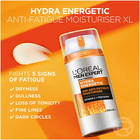 Image 1 - Image shows a bottle of LOréal Men Expert Hydra Energetic Anti-Fatigue Moisturiser with a swirl of cream and text reading HYDRA ENERGETIC ANTI-FATIGUE MOISTURISER XL FIGHTS 5 SIGNS OF FATIGUE DRYNESS DULLNESS LOSS OF TONICITY FINE LINES DARK CIRCLES LOREAL MEN EXPERT NEW FORMULA HYDRA ENERGETIC 24H ANTI-FATIGUE MOISTURISER VITAMIN C + PROTEINS 100 mle. Image 2 - A split image shows magnified ingredients with orange drops on the left and a fibrous sphere on the right, displaying the text POWERED BY VITAMIN C PROTEINS and *Vitamin C Derivative. Image 3 - A man applies cream to his face with text overlay that reads EASY TO APPLY NON-STICKY NON-GREASY LIGHT FORMULA. Image 4 - LOréal Men Expert Hydra Energetic Routine displaying Step 1 Face Wash NEW HYDRA ENERGETIC WAKE-UP EFFECT FACE WASH DEEP CLEANS WAKES UP THE SKIN GUARANA + VITAMIN C, Step 2 Serum HYDRA ENERGETIC VITAMIN C SHOT SERUM 10% PURE VITAMIN C, and Step 3 Moisturiser HYDRA ENERGETIC 24H ANTI-FATIGUE MOISTURISER 5 ACTIONS TO FIGHT DAILY FATIGUE GUARANA + VITAMIN C.