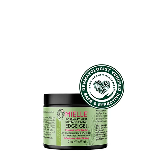 Image 2 - A black and green jar of Mielle Rosemary Mint Strengthening Edge Gel with a label displaying product information and a circular seal that reads Dermatologist Verified Safe & Effective.
Image 4 - An image featuring a clear gel or product dripping against a soft green background, with visible text stating PROVIDES INTENSE SHINE & HYDRATION, INFUSED WITH BIOTIN, and SUPPORTS HEALTHY EDGES.
Image 5 - A jar of Mielle Rosemary Mint Strengthening Edge Gel is positioned on a green surface, with mint leaves nearby and text above that reads HOW TO USE: Apply gel to edges and smooth with fingertips or brush for desired hold.
