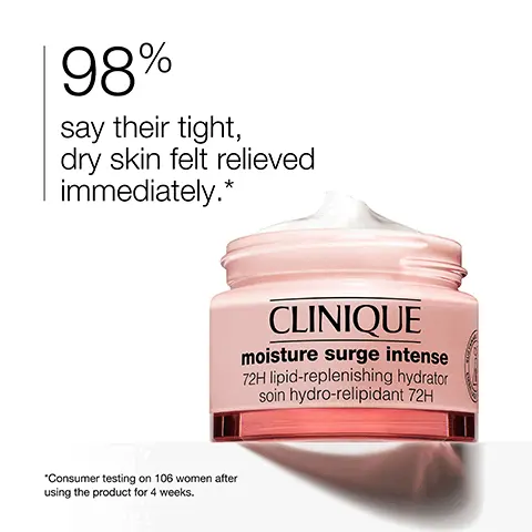 Image 1, 98% say their tight, dry skin felt relieved immediately.* "Consumer testing on 106 women after using the product for 4 weeks. CLINIQUE moisture surge intense 72H lipid-replenishing hydrator soin hydro-relipidant 72H Image 2, Cica Activated aloe water Image 3, оо hydrate 114 plump Image 4, Free of х X X fragrance oil drying alcohol