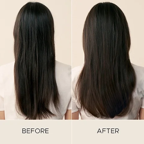 Before and after image of dark hair, showing it appear smoother and healthier after, with the text BEFORE and AFTER.