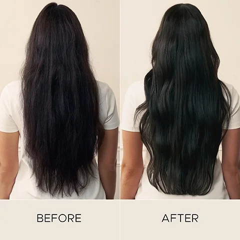 Before and after images showing a persons dark hair changing from dry and straight to smooth and wavy with the text BEFORE and AFTER.