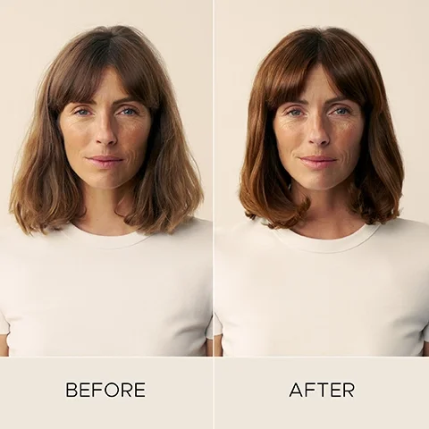 A split image shows a woman with medium brown hair, appearing less styled on the left and more styled on the right, with the text BEFORE and AFTER below.