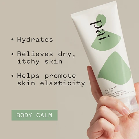 Image 1 - A person holds a tube of Pai Polly Plum body cream, with visible text stating Hydrates, Relieves dry, itchy skin, Helps promote skin elasticity, and BODY CALM on a light background.
Image 2 - A close-up of a womans shoulder and neck, with a hand resting on her shoulder, showcasing a natural skin tone; the image includes text that reads Seals in moisture and calms my sensitive skin, Kim M, along with various logo certifications including Soil Association Organic, Cosmos Organic, Vegan, and Certified B Corporation.