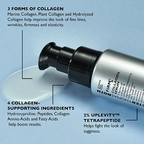 Image 1 - A gray and black bottle of collagen serum is shown with a clear gel pool beside it, labeled with text detailing benefits including three forms of collagen, four collagen-supporting ingredients, and the presence of 2% Uplevity Tetrapeptide, which helps improve skin firmness and elasticity.
Image 2 - A woman with long dark hair smiles while holding a serum bottle near her cheek, with visible text below reading HOW TO USE Apply twice daily to a cleansed face and neck with continued use. For external use only.*Individual results may vary.
Image 3 - An image featuring three skincare products arranged on a light gray background, with the following text: STEP 1 DAILY SERUM FIRM + TIGHTEN, STEP 2 EYE CREAM SMOOTH + HYDRATE, STEP 3 DAILY MOISTURIZER LOCK HYDRATION + BOOST ELASTICITY.