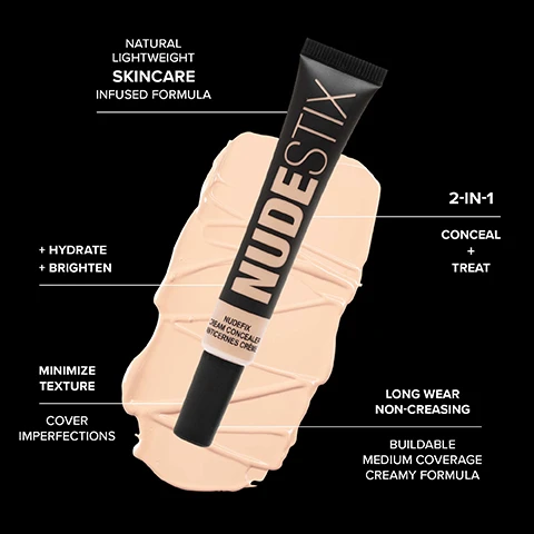 Image 1 - Image of a NUDEFIX cream concealer tube against a soft peach background, with text highlighting features: natural lightweight skincare-infused formula, 2-in-1 conceal and treat, hydrate and brighten, minimize texture, cover imperfections, long wear non-creasing, and buildable medium coverage creamy formula.
Image 2 - An image of a NUDESTIX skincare infused concealer with a dark brown shade tube and an applicator, surrounded by red berries and droplets of liquids on a beige background, includes visible text describing key ingredients: Hyaluronic Acid, Sweet Berry Complex, and Articum Lappa Root Extract, along with their benefits.
Image 3 - A brown concealer applicator with soft bristles is shown against a black background, accompanied by the text that reads YOUR SKIN BUT BETTER Never cakey, never drying, always looks like nude skin NUDEFIX CREAM CONCEALER FORMULATED WITH SUPER-GEL TECHNOLOGY Fixes onto skin to cover undereye darkness, spots, blemishes and redness for all skin types.
Image 4 - A black reusable tin containing a NUDEFIX cream concealer tube and a mirrored lid, with text promoting sustainability and reusable packaging.