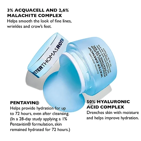 Image 1 - A blue jar of Peter Thomas Roth Water Drench Hyaluronic Cloud Cream is shown with the lid slightly open, featuring text that reads 3% Acquacell and 2.6% Malachite Complex, PENTAVIN® Helps provide hydration for up to 72 hours, and 50% Hyaluronic Acid Complex.