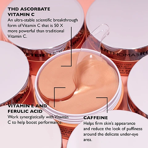 Image 1 - Image shows several jars of skin care products with a focus on a jar with a peel-off lid revealing gel patches inside, featuring text that reads THD ASCORBATE VITAMIN C An ultra-stable scientific breakthrough form of Vitamin C that is 50 X more powerful than traditional Vitamin C, VITAMIN E AND FERULIC ACID Work synergistically with Vitamin C to help boost performance, and CAFFEINE Helps firm skins appearance and reduce the look of puffiness around the delicate under-eye area.
Image 2 - A woman with light brown skin and long, straight hair is applying gel patches under her eyes, with a text box above her that reads HOW TO USE: Use enclosed spatula to gently lift and separate a delicate gel patch. Apply onto clean, dry under-eye area. Repeat on other side. Relax and enjoy for 10 to 15 minutes. Discard after use and gently pat remaining serum into skin. Use daily, or as often as needed. For external use only.
Image 3 - Image shows three skincare products in a routine setup labeled POTENT-C™ ROUTINE, with a tube of POTENT-C™ POWER SCRUB on the left, a bottle of POTENT-C™ POWER SERUM in the center, and a bottle of POTENT-C™ POWER CREAM on the right, along with corresponding step numbers indicated above each product.
Image 4 - An image showing two skincare products side by side: on the left, a jar of Peter Thomas Roth Potent-C Power Brightening Hydra-Gel Eye Patches with step 4 labeled above it; on the right, a jar of Peter Thomas Roth Potent-C Brightening Vitamin C Moisturizer with step 5 labeled above it.