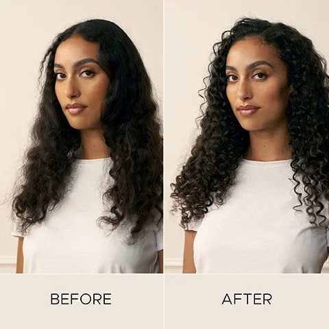 Split image shows woman with curly hair before and after a treatment, text reads BEFORE AFTER.