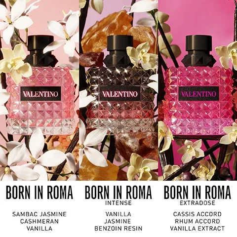 Image 1 - Three bottles of Valentino perfume labeled Born in Roma, Born in Roma Intense, and Born in Roma Extradose, set against a backdrop of flowers and rocks, with the visible text listing the notes of each fragrance: Sambac Jasmine, Cashmeran, Vanilla, Vanilla, Jasmine, Benzoin Resin, and Cassis Accord, Rhum Accord, Vanilla Extract.