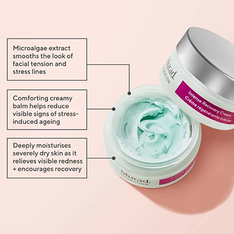 image 1, microalgae extract smooths the look of facial tension and stress lines. comforting creamy balm helps reduce visible signs of stress induced ageing. deeply moisturises severely dry skin as it relieves visible redness and encourages recovery. image 2, after 4 weeks: 100% agreed skin felt soothed. 92% agreed skin feels comforted and more hydrated. 88% agreed their over stressed skin looks more relaxed. 89% of subjects showed improvement in redness. image 3, choose your hydrator. nutrient charged water gel = combination to oily skin types, silky gel. hydro-dynamic ultimate moisture = dry to extremely dry skin types, ultra rich, buttery cream. intense recovery cream = dry to combination skin types, lightweight cream. image 4, must haves for healthy looking skin. hydrate like a dermatologist. 1 = massage refreshing cleanser over dampened face and neck, rinse and pat dry. 2 = apply revitalixir recovery serum over face, neck and chest. gently pat around the eye area. 3 = massage intense recovery cream evenly over face, chest and neck. apply SPF in the morning.