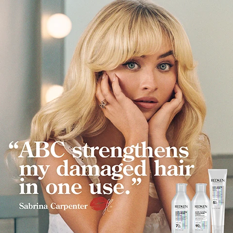 Image 1 - A woman with blonde hair and bangs looks thoughtfully at the camera, resting her face on her hands, with hair care products displayed beside her, stating ABC strengthens my damaged hair in one use, Sabrina Carpenter.
Image 2 - A white bottle of Redken Acidic Bonding Concentrate Shampoo is shown with foam and bubbles around it, featuring text that reads 56% less breakage*, 11X smoother**, and Silky finish & glossy shine.
Image 3 - A close-up of a shampoo bottle with a flipped open cap revealing a cream, featuring text stating 56% less breakage*, 90% more conditioned*, and 11X smoother**.
Image 4 - Image shows two side-by-side photos of a womans hair; the left side labeled BEFORE shows frizzy, damaged hair, and the right side labeled AFTER ONE USE* displays smooth, healthy-looking hair.
Image 5 - Image shows a woman with curly hair divided into two sections: the left side labeled BEFORE shows frizzy, dry curls, while the right side labeled AFTER ONE USE* displays defined, shiny curls. Visible text includes SYSTEM OF ACIDIC BONDING CONCENTRATE INTENSIVE TREATMENT, SHAMPOO, CONDITIONER & LEAVE IN VS. UNDAMAGED HAIR.
Image 6 - A collection of creamy white textures with bubbles, featuring bold text that reads CITRIC ACID + BONDING CARE COMPLEX HELPS REPAIR BONDS + PREVENT FUTURE DAMAGE.
Image 7 - A hand holds a bottle of Redken shampoo with a label that reads Redken acidic bonding concentrate, accompanied by a quote stating BEST I’VE EVER USED AND I’M A HAIRDRESSER, five star ratings above, and a note that says *RECEIVED THE PRODUCT TO TRY FROM MARIE CLAIRE BEAUTY DRAWER, AUG 2022.