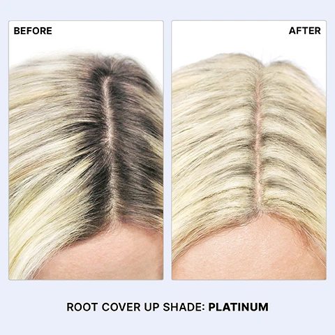 Image 1 - A split image shows a persons hair roots before and after treatment, with the left panel showing dark roots against blonde hair labeled BEFORE, and the right panel showing blonde roots blended into blonde hair labeled AFTER, with text below stating ROOT COVER UP SHADE: PLATINUM. Image 2 - An open black compact from Color Wow displays a mirror, light brown powder, and a double-ended brush, with text on the compact reading WOW COLOR WOW, and additional text on the image reading WHY ITS WOW, Instantly covers roots + greys, Easy, precise, no-mess, Looks + feels natural, Water-resistant, long-lasting, No waxes, dyes or PPD. Image 3 - Light beige, textured powder, broken into pieces on a white background, with text that reads No waxes, dyes or sprays No mess, never runs You can even swim in it! Image 4 - A root cover up shade finder displaying eight circular hair color swatches: platinum, blonde, dark blonde, red, light brown, medium brown, dark brown, and black.