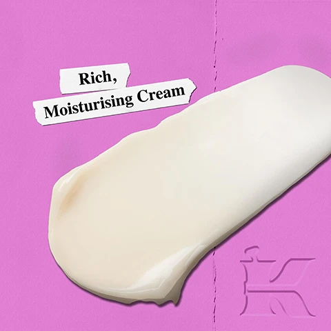 Image 1 - A thick swash of pale cream product is spread across a textured purple background, with two torn white paper strips displaying the text Rich, Moisturising Cream. Image 2 - A purple image displays a Kiehls Super Multi-Corrective Cream jar with visible cream on top, alongside text on the left stating 96% SAW VISIBLE Pro-Ageing Results*, with an asterisk disclaimer *Based on 96% agreement after continuous use in a consumer study; remainder of results were clinically tested in a 12-week test with 53 women, and the jar itself is labeled SINCE 1851 Kiehls SUPER MULTI-CORRECTIVE CREAM Visibly Firms, Lifts, Smoothes, Boosts Radiance, Improves Elasticity, Evens Texture and Enhances Healthy Complexion. Image 3 - A pink background features a large translucent design with a molecular structure and floating bubbles in the top right, and a red rectangle containing the chemical structure of Adenosine in the bottom right, with the accompanying text Our Formula With: Adenosine Proxylane.