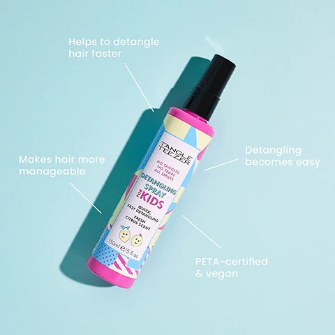 Helps to detangle hair faster TANGLE Detangling becomes easy Makes hair more manageable NO TANGLES NO ALL DETANGLING SPRAY KIDS QUICK EASY DETANGLING CITRU SCENT 150ml e/5 flot PETA-certified & vegan