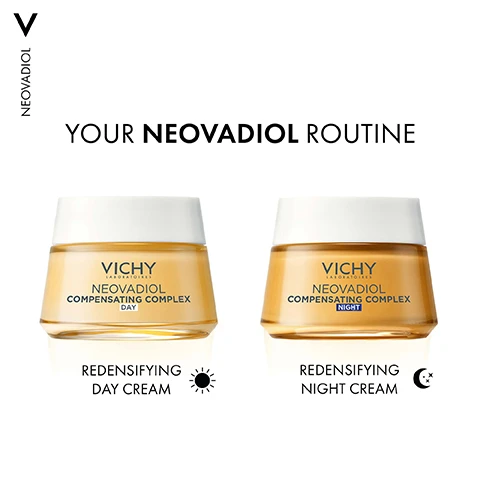 Image 3 - Two amber jars of Vichy NeoVadiol cream with white lids are displayed on a white background, with text V NEOVADIOL, YOUR NEOVADIOL ROUTINE, VICHY LABORATOIRES NEOVADIOL COMPENSATING COMPLEX DAY, REDENSIFYING DAY CREAM with a sun icon, VICHY LABORATOIRES NEOVADIOL COMPENSATING COMPLEX NIGHT, and REDENSIFYING NIGHT CREAM with a moon and stars icon. Image 4 - Image showing a packaging update, with a BEFORE jar of Vichy Laboratoires Neovadiol Redensifying Revitalizing Cream Night with a blue lid and an AFTER jar of Vichy Laboratoires Neovadiol Compensating Complex Night with a white lid, both containing amber cream, under the text SAME TRUSTED FORMULA NEW UPDATED PACK. Image 5 - A split image showing a golden liquid dripping from a dropper into a sphere on a white background on the left, and a close-up of translucent blue bubbles on the right, with visible text V NEOVADIOL, PROXYLANE, HYALURONIC ACID, REDENSIFY SKIN + REPLUMP SKIN. Image 6 - A close-up image shows a creamy white product in a golden jar, with text reading V NEOVADIOL, NOURISH SKIN IMPACTED BY HORMONAL VARIATION, BOOSTS RADIANCE, and SKIN LOOKS MORE TONIC.