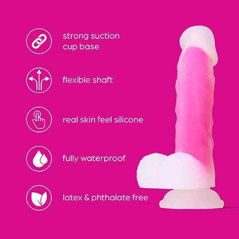 Image 1 - A pink silicone sex toy with a strong suction cup base and a flexible shaft is displayed against a bright pink background, featuring labels highlighting its attributes: strong suction cup base, flexible shaft, real skin feel silicone, fully waterproof, and latex & phthalate free.
Image 2 - A realistic, curved, pink and white silicone dildo with a strong suction cup base is shown on a vibrant pink background, alongside text that reads Strong suction cup base Allows you to close your eyes and enjoy a thrilling climax hands-free!
Image 3 - A person holding a pink silicone sex toy with a ribbed shaft and swollen head against a bright pink background, accompanied by the text Super soft Silicone Real skin feel with its ribbed shaft & swollen head makes it feel like the real deal.
Image 4 - A person holds a translucent dildo featuring a pink insertable section, with text stating 7 Inches of pleasure, 6 Inches insertable length will fulfil cravings for a deep penetration.
Image 5 - A realistic silicone dildo with a flexible shaft designed for internal stimulation on a bright pink background, with the text Flexible Shaft Angle to stimulate your internal spots and satisfy your desire with this real lifelike dildo.