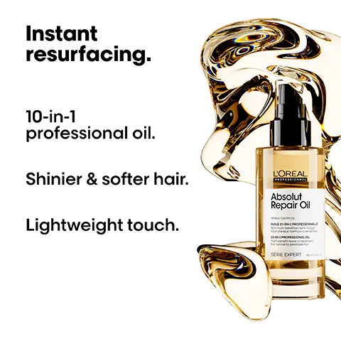 Image 1, Instant resurfacing. 10-in-1 professional oil. Shinier & softer hair. Lightweight touch. L'OREAL Absolut Repair Oil SERIE EXPERT Image 2, Before After Not retouched Image 3, The daily anti-damage professional routine. L'OREAL PROFESSIONNEL Absolut Repair PROTEIN GOLD GUNDA DAMPOOING PROFESSIONNEL PROFESSIONAL SHAMPOO forary and comes hor SERIE EXPERT Absolut Repair L'OREA X00A OFESSIONNEL/PROFESSIONAL MASK SERE EXPERT 25085A 01 Cleanse. 02 Repair. L'OREAL Absolut Repair Oil SERE EXPERT 03 Restructure. Image 4, THE TECH Wheat protein Strengthens and restores. On the surface Resurfaces and seals the cuticles maintaining hydration. Image 5, Apply 1 to 2 pumps. For thick to coarse hair,add more if needed, up to 3 pumps. Image 6, 1 action for 10 benefits. Nourishment Resurfacing Lightweight touch Softness Detangling Conditioning Manageability Shine Protection Smoothness. Image 7, How to apply like a Pro. 01 Apply on towel-dried hair or dry hair. 02 Spread evenly from mid-lengths to ends. 03 Proceed to blow-dry or air-dry. Style as usual. Image 8, << This is by far the best multi- benefit oil. It leaves my hair amazingly soft, nourished and shiny.