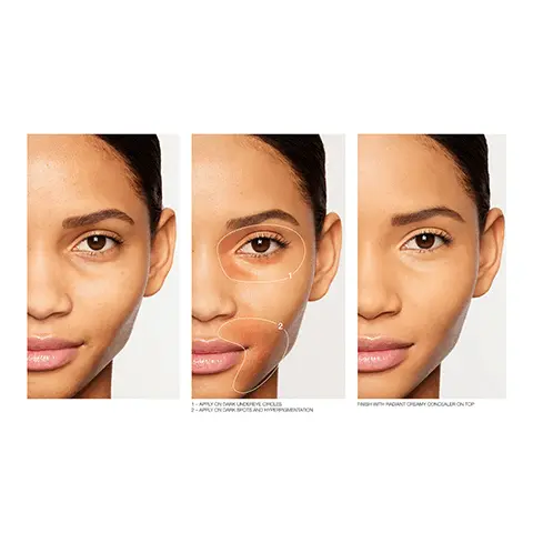 1. APPLY ON DARK UNDEREYE CIRCLES. 2. APPLY ON DARK SPOTS AND HYPERPIGMENTATION. FINISH WITH RADIANT CREAMY CONCEALER ON TOP. Before. After.