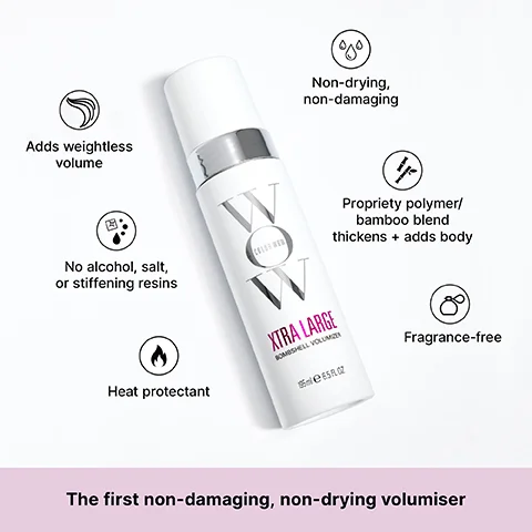 A white WOW Color Wow Xtra Large Bombshell Volumizer bottle, 195ml e 6.5 FL OZ, is surrounded by icons and text highlighting its features: Adds weightless volume, No alcohol, salt, or stiffening resins, Heat protectant, Non-drying, non-damaging, Propriety polymer/bamboo blend thickens + adds body, and Fragrance-free, with the text The first non-damaging, non-drying volumiser at the bottom.