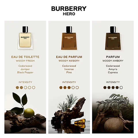 BURBERRY HERO BURBERRY BURBERRY BURBERRY EAU DE TOILETTE WOODY FRESH Cedarwood Juniper Black Pepper EAU DE PARFUM WOODY AMBERY Cedarwood Incense Pine PARFUM WOODY AMBERY Cedarwood Amyris Cypress INTENSITY INTENSITY INTENSITY