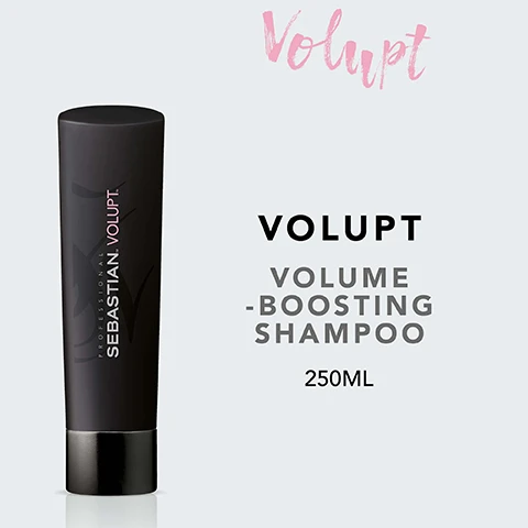 Image 2 - A black tube of Sebastian Volupt volume-boosting shampoo is displayed against a light background, with visible text that reads Volupt, VOLUPT, VOLUME-BOOSTING SHAMPOO, and 250ML.
Image 3 - A black cylindrical bottle labeled Sebastian Volupt with the text FULL VOLUME SOFT TOUCH next to it.
Image 5 - Image shows instructions for using shampoo, including three icons and text: HOW TO USE, MASSAGE THE SHAMPOO INTO WET HAIR, RINSE THOROUGHLY, REPEAT IF NECESSARY.
Image 6 - A green bamboo plant with long leaves stands against a black background, with the text Natural Bamboo Extract displayed above it.
Image 7 - Image shows three haircare products from Sebastian Professional: two bottles labeled Volupt and Volupt Spray, along with text stating Combine with Volupt Spray & Volupt Conditioner for best results.