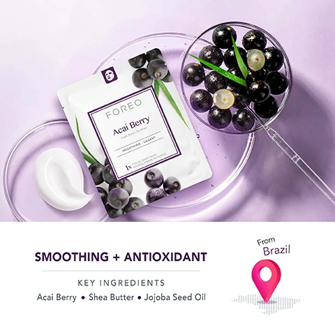 Image 1, FOREO Acai Berry SMOOTHING + ANTIOXIDANT KEY INGREDIENTS Acai Berry Shea Butter⚫ Jojoba Seed Oil From Brazil Image 2, IDEAL FOR: Dryness and loss of elasticity Fine lines and wrinkles Dull, fatigued skin. Image 3, plant based ingredients. for all skin types. dermatologist tested. image 4, 100% natural tencel material. biodegradable. natural ingredients. antibacterial tencel. ultra soft and light weight. 50% more absorbent and 10 times more bacteria resistant than cotton. image 5, dual mode sheet masks. mode 1 slow it down. as a regular relaxing sheet mask. mode 2 speed it up with WGO. hyper infuse actives with UFO full facial device.