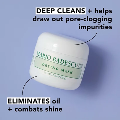 Image 1 - A white jar of Mario Badescu Drying Mask sits on a light blue background, with text stating DEEP CLEANS + helps draw out pore-clogging impurities and ELIMINATES oil + combats shine.
Image 2 - The image shows three types of powder: gray sulfur labeled oil-inhibiting sulfur, pink kaolin labeled clarifying kaolin, and yellow calamine labeled soothing calamine.
Image 3 - An assortment of skincare products against a pink background includes a bottle of Mario Badescu Original On-the-Spot Drying Lotion, a jar of Pore Minimizer, a jar of Drying Mask, and a box of Drying Patch, with text explaining their uses related to blemishes, blackheads, and oily skin.