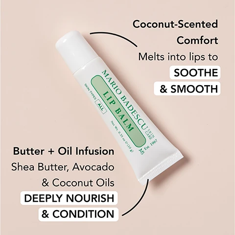 Image 1 - A tube of Mario Badescu Lip Balm with a coconut-scented comfort label that states it melts into lips to soothe and smooth, and a butter and oil infusion listed as shea butter, avocado, and coconut oils for deep nourishment and conditioning.
Image 2 - Three lip care products arranged on a pink background: a tube of Mario Badescu Lip Balm labeled Smooth, Buttery comfort for everyday softness, a jar labeled Lip Mask: Rich, Jelly-like Hydration when your lips need extra love, and a caption stating Both keep your lips happy—just depends on your mood.