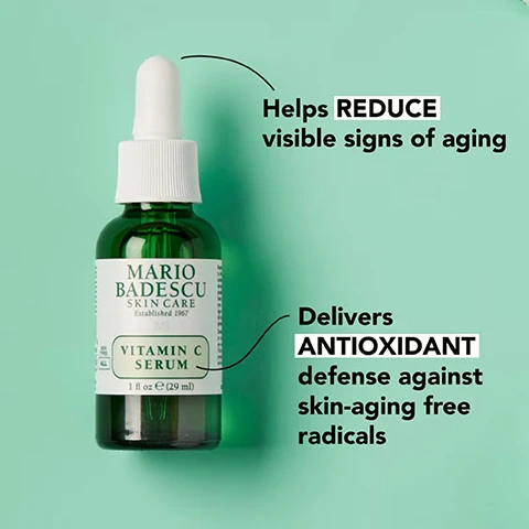 Image 1 - A green background features a brown glass dropper bottle of Mario Badescu Vitamin C serum, with text that states helps REDUCE visible signs of aging and delivers ANTIOXIDANT defense against skin-aging free radicals.
Image 2 - Image shows an arrangement of ingredients including a halved orange, powders, a clear gel, and round droplets, with text stating antioxidant vitamin c, smoothing collagen, and skin-replenishing sodium hyaluronate.