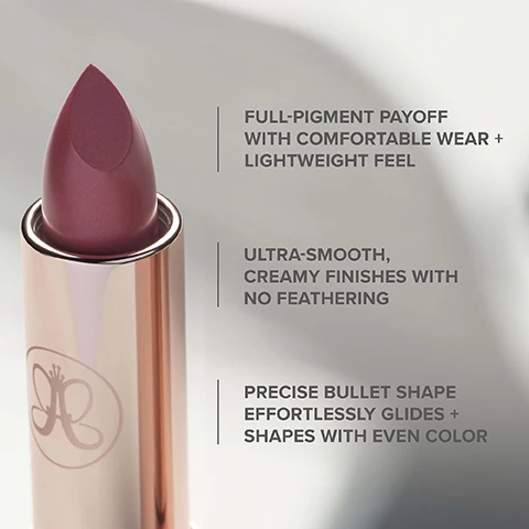 Image 1 - A close-up of a dark reddish-purple lipstick in a rose gold tube with the Anastasia Beverly Hills logo, alongside text describing its features: FULL-PIGMENT PAYOFF WITH COMFORTABLE WEAR + LIGHTWEIGHT FEEL, ULTRA-SMOOTH, CREAMY FINISHES WITH NO FEATHERING, and PRECISE BULLET SHAPE EFFORTLESSLY GLIDES + SHAPES WITH EVEN COLOR. Image 2 - Close-up of a persons mouth with matte pinkish-brown lipstick, holding a dark brown lipstick bullet in a silver tube with a logo, next to text that reads HOW TO APPLY Begin by outlining the cupids bow. Fill in the remainder of the top lip. Outline the bottom lip and fill. Pair with Lip Liner for a sculpted look. Image 3 - A color compatibility chart titled PINK + PEACH, displays three columns: LIPSTICK with shades Tease, Hush Pink, Peony, Mauve Cloud, Praline, Taupe Beige, Blush Brown, Hush Rose, Dusty Rose, Sun Baked, Rose Dream, Peach Amber; LIP LINER NATURAL SCULPT with shades Muted Mauve, Sun Baked, Sun Baked, Deep Taupe, Muted Mauve, Muted Mauve, Mocha, Sun Baked, Dusty Rose, Sun Baked, Rose Dream, Peach Amber; and LIP LINER NEXT-LEVEL SCULPT with shades Sun Baked, Dusty Rose, Dusty Rose, Cinnamon, Deep Taupe, Deep Taupe, Dusty Rose, Dusty Rose, Rosewood, Dusty Rose, Auburn, Sandstone. Image 4 - A cosmetic shade guide chart titled FIND YOUR SHADE FOR YOUR UNDERTONE presents recommendations based on SKINTONE and UNDERTONE categories; for FAIR TO LIGHT skintone, COOL undertones suggest Try shades with pink and mauve undertones, listing SOFT HAZE, PEONY, HUSH PINK, WARM undertones suggest Try shades with peach and honey undertones, listing HONEY TAUPE, WARM TAUPE, BUTTERSCOTCH, and NEUTRAL undertones suggest Try shades with taupe and latte undertones, listing BLUSH BROWN, MAUVE CLOUD, TAUPE BEIGE; for MEDIUM TO TAN skintone, COOL undertones suggest Try shades with mauve and rosy undertones, listing MAUVE CLOUD, HUSH ROSE, DUSTY ROSE, WARM undertones suggest Try shades with peach and amber undertones, listing WARM TAUPE, PEACH BUD, SPICE, and NEUTRAL undertones suggest Try shades with rosy brown and caramel undertones, listing SPICE, SOFT BROWN, TOFFEE; for TAN TO DEEP skintone, COOL undertones suggest Try shades with plum and berry undertones, listing BLACKBERRY, SUGAR PLUM, BERRY MOCHA, WARM undertones suggest Try shades with red and warm peach undertones, listing PEACH BUD, PEACH AMBER, ROYAL RED, and NEUTRAL undertones suggest Try shades with rosy brown and maple undertones, listing SPICE, TOFFEE, ROSE BROWN. Image 5 - A comparison chart titled The Look, Why You Want It, and Applicator features five lip products: Lip Velvet is shown as a soft-matte peachy-nude on lips, described as Velvety-Smooth, Mousse Formula, Full-Pigment, Matte Color, Soft-Matte Finish, and uses a brown-nude doe-foot applicator; Satin Lipstick is shown as a glossy pink-nude on lips, described as Creamy, Soft Formula, Sheen & Luminosity, Satin Finish, and comes as a pink-nude bullet lipstick; Matte Lipstick is shown as a matte peach-toned nude on lips, described as Velvety, Soft Formula, Creamy, Matte Color, Matte Finish, and comes as a brown-nude bullet lipstick; Liquid Lipstick is shown as a powder-matte light pink on lips, described as Long-Lasting, Liquid Formula, Full-Coverage Color, Powder-Matte Finish, and uses a flat light pink doe-foot applicator; and Lip Gloss is shown as a high-shine clear-pink on lips, described as Long-lasting, Glass-Like Shine, Weightless, Non-Sticky Formula, High-Shine Finish, and uses a paddle-shaped peach-pink gloss applicator.