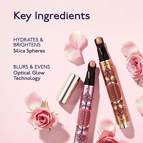 Image 1 - Two cosmetic pens, one pink and one golden, with product visible on their applicator tips, rest on a pink surface with scattered rose petals and flowers, with visible text reading Key Ingredients HYDRATES & BRIGHTENS Silica Spheres BLURS & EVENS Optical Glow Technology BY TERRY BRIGHTENING CC LIQUID BLUSH. Image 2 - Three makeup pens, labeled TERRY BRIGHTENING CC LIQUID BLUR, are displayed on a pink background with two product swatches, highlighting features such as LONG-WEARING natural tint, BLURS imperfections, EVENS & colour-corrects, BOOSTS HYDRATION, and TRAVEL-FRIENDLY. Image 3 - Five cosmetic brush-tip pens with swatches of shimmering liquid product in shades of peach, gold, and pink are displayed on a pink background, with text stating 100% agree it gives a HEALTHY GLOW INSTANTLY, 100% agree the SKIN IS HYDRATED, 100% agree it UNIFIES THE SKIN, 100% agree the texture melts LIKE A SECOND SKIN, and a footnote *Scores based on feedback from 23 people.