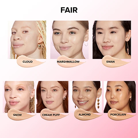 Image 1 - Image shows six women with different skin tones labeled as foundation shades: Cloud, Marshmallow, Swan, Snow, Cream Puff, Almond, and Porcelain, with the word FAIR displayed prominently at the top.
Image 2 - Image features four smiling women with different skin tones in a grid format labeled LIGHT at the top; their corresponding shade labels below each woman are LIGHT BEIGE, GOLDEN BEIGE, SHORTBREAD, VANILLA, and NUDE.
Image 3 - Image shows five women with different skin tones and makeup looks, labeled from top to bottom and left to right as Taffy, Natural Beige, Warm Beige, Sand, and Cookie, with the word MEDIUM at the top.
Image 4 - Image displays five women with varying skin tones labeled under the category TAN, featuring the shades: Warm Sand, Honey, Butterscotch, Caramel, and Mocha, with each name positioned below the corresponding face.
Image 5 - A grid of eight women with diverse skin tones, each smiling, showcasing different shades of makeup labeled as Maple, Chestnut, Chai, Spiced Rum, Toffee, Cocoa, Sable, and Ganache, with the title DEEP at the top.
Image 6 - An image of a bottle of Too Faced Born This Way Multi-Use Sculpting Concealer with a dark cap, surrounded by pink background and featuring text that reads: OIL FREE, NON-COMEDOGENIC, 12 HOUR LONGWEAR, NO PHOTO FLASHBACK, CLINICALLY TESTED TO BOOST MOISTURE INSTANTLY BY 52%* with a note about clinical testing.
Image 7 - An image showing application tips for a foundation product with a creamy swatch, featuring instructions in pink and black text that include: Apply directly from applicator with fingertips or a concealer brush, To avoid creasing, use a less-is-more approach, Blend into skin by pressing or stippling until flawless, To remove excess product, press & tap with your ring finger until blended, do not smear, and a pro tip stating: For extra flawless application, wait 60 seconds before blending.