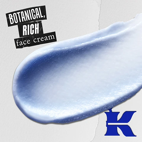 Image 1 - A light blue cream swatch is spread on a textured light grey background, with text that reads BOTANICAL, RICH face cream and a blue K logo in the bottom right. Image 2 - A three-step skincare routine is shown on a blue background, featuring an amber bottle of Kiehls Calendula Deep Cleansing Foaming Face Wash for Step 1 Cleanse, a purple bottle of Kiehls Retinol Skin-Renewing Daily Micro-Dose Serum for Step 2 Treat, and a dark blue jar of Kiehls Midnight Recovery Omega-Rich Cloud Cream for Step 3 Moisturise.