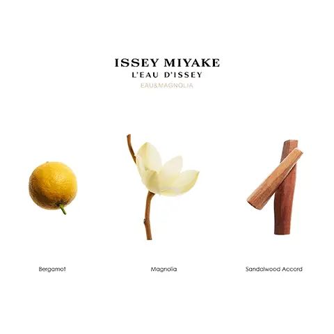 Image 1, magnolia, bergamot, sandalwood accord. image 2, issey miyake's commitments. 85% natural origin ingredients. natural origin magnolia. vegan fragrance. 20% post consumer use recycled glass. 100% wooden cap.