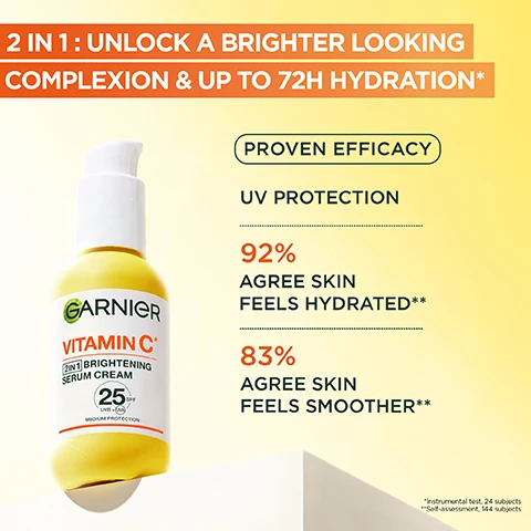 Image 1 - The image displays a yellow Garnier Vitamin C 2-in-1 Brightening Serum Cream bottle with a white pump dispenser on a yellow background, featuring text that reads 2 IN 1 : UNLOCK A BRIGHTER LOOKING COMPLEXION & UP TO 72H HYDRATION*, GARNIER VITAMIN C+ 2 IN 1 BRIGHTENING SERUM CREAM SPF 25 UVB+UVA MEDIUM PROTECTION, PROVEN EFFICACY, UV PROTECTION, 92% AGREE SKIN FEELS HYDRATED**, 83% AGREE SKIN FEELS SMOOTHER**, and *Instrumental test, 24 subjects **Self-assessment, 144 subjects. Image 2 - A graphic displays three interconnected glowing golden spheres on a yellow background, representing a molecular structure, with text labels that read KEY INGREDIENTS, SPF 25, SUPER CITRUS, VITAMIN C*, and *Vitamin C derivative. Image 3 - A smiling woman with clear, smooth skin gently touches her face with her hands against a yellow background, with text that reads Experience Hydration, Smoothness & UV Protection. Image 4 - A yellow Garnier Vitamin C serum bottle with a white pump dispenser lies on a yellow surface with three drops of serum dispensed, next to instructions that read: HOW TO USE APPLY DAILY ALL OVER CLEAN FACE TAP THE BOTTOM IF NECESSARY. Image 5 - A swirl of white cream is on a bright yellow background, with text reading NON-GREASY, LIGHTWEIGHT FORMULA and CREAMY YET LIGHTWEIGHT FAST-ABSORBING. Image 6 - Image displays two Garnier Vitamin C skincare products, a large white pump bottle for cleansing and a smaller yellow pump bottle for serum, presented against a soft yellow and white background, with visible text including: DEEPLY CLEANSE, HYDRATE & HELP PROTECT FROM UV DAMAGE; STEP 1. GENTLY CLEANSE & PROTECT SKINS NATURAL MOISTURE BARRIER, associated with the larger bottle labeled GARNIER VITAMIN C* BRIGHTENING CREAM CLEANSER, VITAMIN C* + SALICYLIC ACID + GLYCERIN, GENTLY CLEANSE & BRIGHTENS, Dermatologically tested, Cruelty Free International Leaping Bunny, VEGAN FORMULA, 250ml e; and STEP 2. HELP REDUCE DULLNESS & UNEVENESS, associated with the smaller bottle labeled GARNIER VITAMIN C* DAILY BRIGHTENING SERUM CREAM SPF 25.