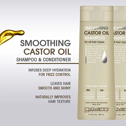 Image 1 - Image of a shampoo and conditioner duo labeled Smoothing Castor Oil by Giovanni, indicating benefits such as infusing deep hydration for frizz control, leaving hair smooth and shiny, and naturally improving hair texture.
Image 2 - Image shows two haircare products, a bottle of smoothing castor oil shampoo and a jar of smoothing castor oil leave-in conditioner, with text highlighting their benefits including for all hair types and various features like hydration, protection, and manageability.