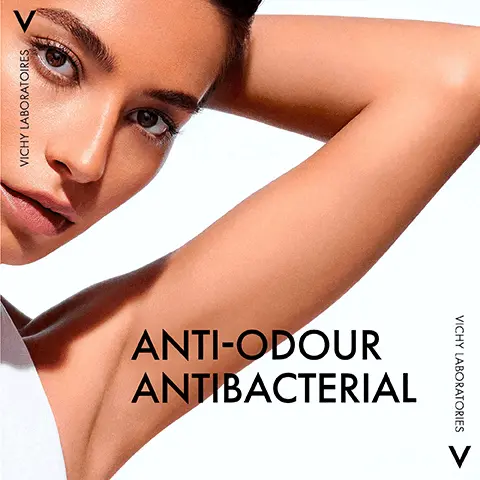 Vichy laboratories. Anti-odour antibacterial. Up to 96H protection. Helps control excessive perspiration. Powered with an antibacterial active. Let skin breathe.