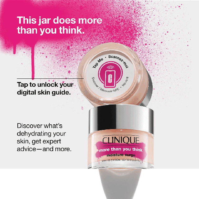 Image 1 - This jar does more than you think. Tap to unlock your digital skin guide. Discover what's dehydrating your skin, get expert advice and more. Image 2 - showing swatches on a hand. Text - moisture surge 100H. Moisture surge intense 72H Moisture surge hydrating supercharged concentrate. Image 3 - Aloe Bioferment + HA Complex. Helps infuse skin with moisture and keep it in. Blend of vitamins C and E. Helps provide antioxidant protection against daily dehydrators